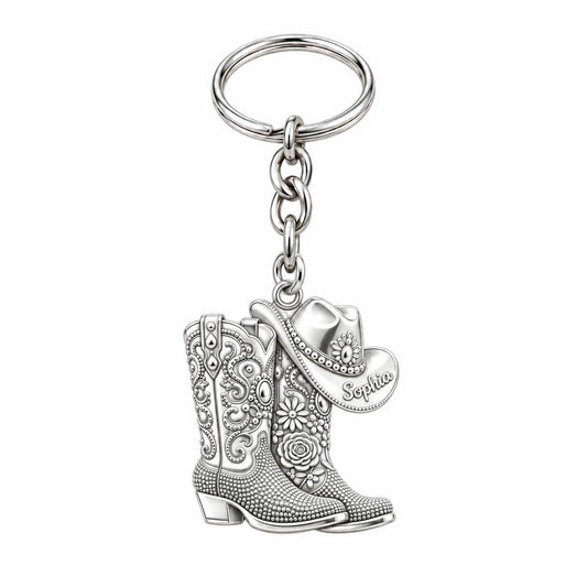 Wildflower Cowgirl Boots Charm Keychain – silver, front view
