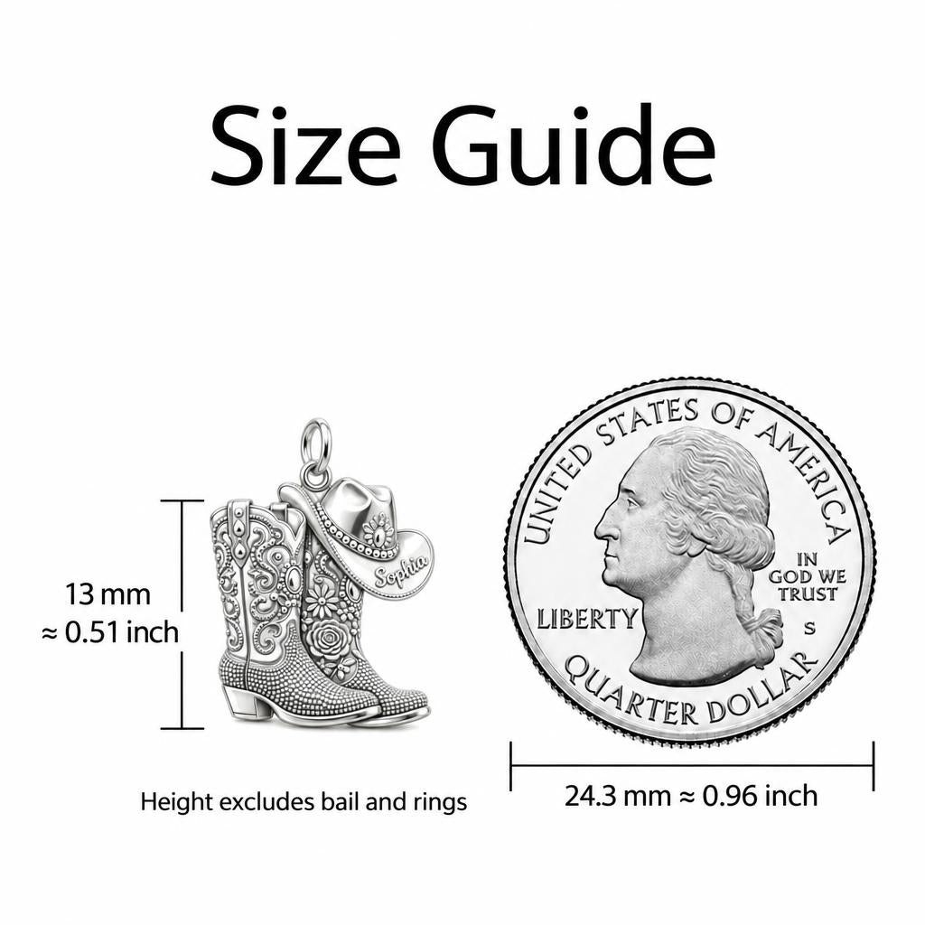 Wildflower Cowgirl Boots Charm Keychain – size guide, 13 mm charm next to a quarter