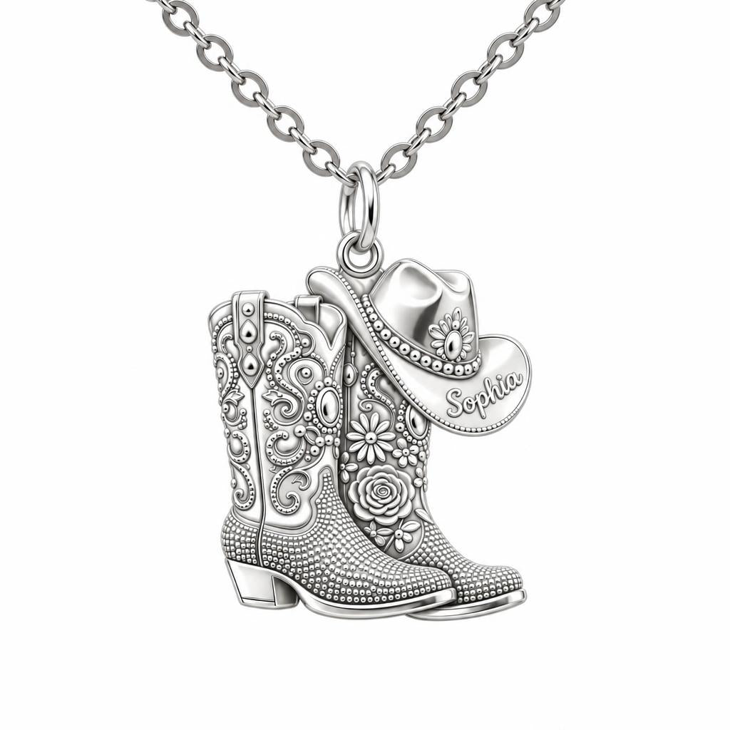Wildflower Cowgirl Boots Charm Necklace Set – silver, front view