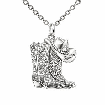Wildflower Cowgirl Boots Charm Necklace Set – silver, front view
