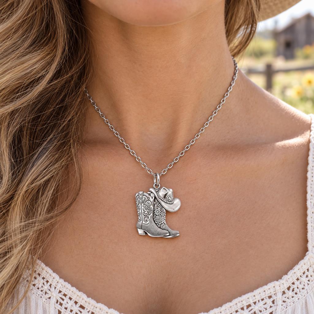 Wildflower Cowgirl Boots Charm Necklace Set – worn / in use