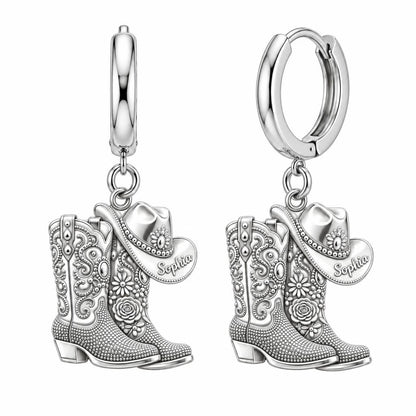Wildflower Cowgirl Boots Huggie Charm Earrings – silver, front view