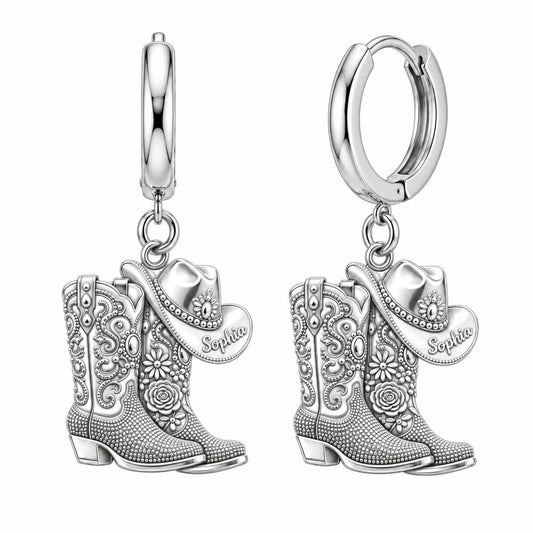 Wildflower Cowgirl Boots Huggie Charm Earrings – silver, front view