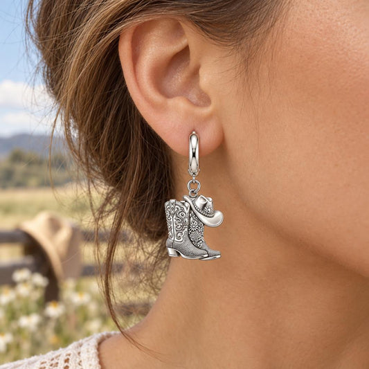 Wildflower Cowgirl Boots Huggie Charm Earrings – worn / in use