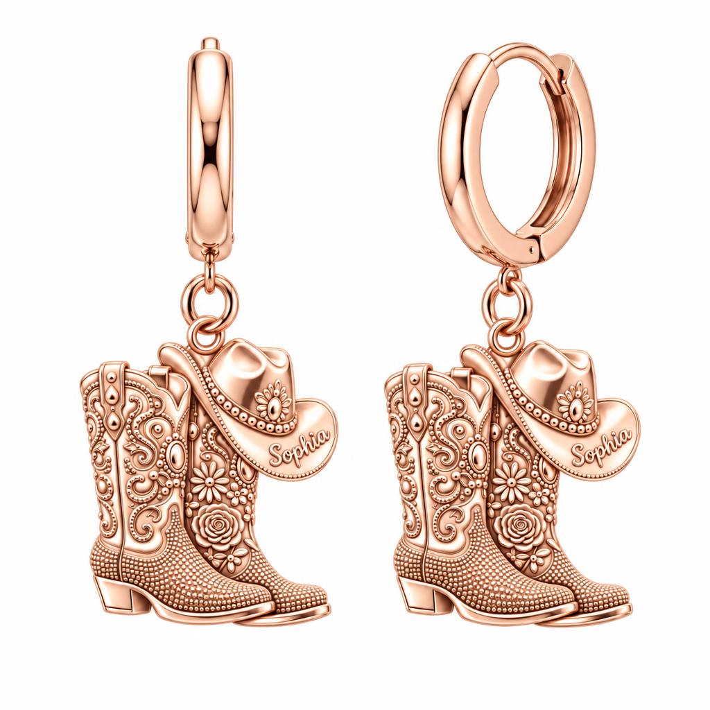Wildflower Cowgirl Boots Huggie Charm Earrings – rose gold, front view