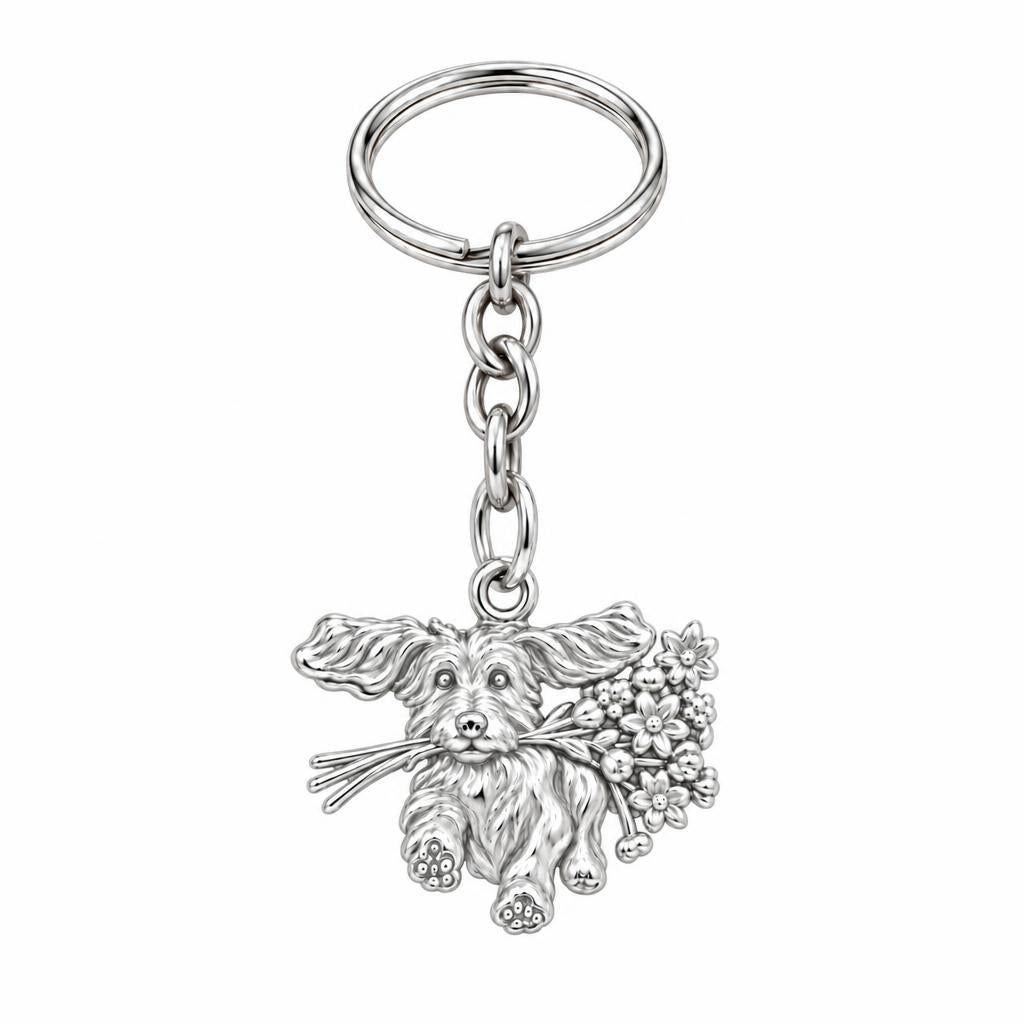 Wildflower Delivery Pup Charm Keychain – silver, front view