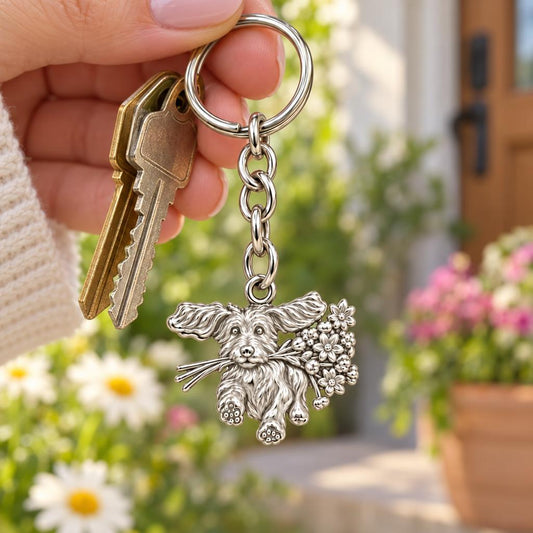 Wildflower Delivery Pup Charm Keychain – worn / in use