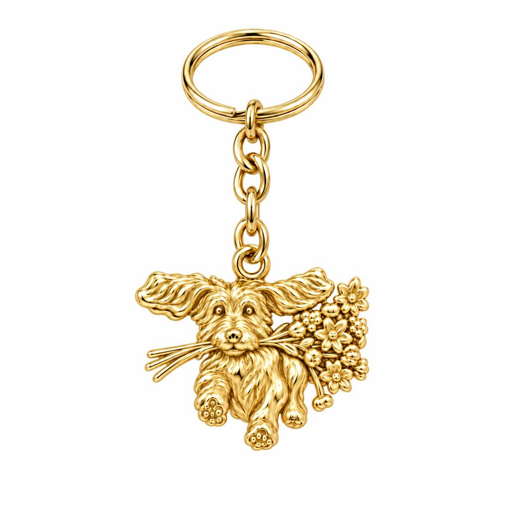 Wildflower Delivery Pup Charm Keychain – 18K gold, front view