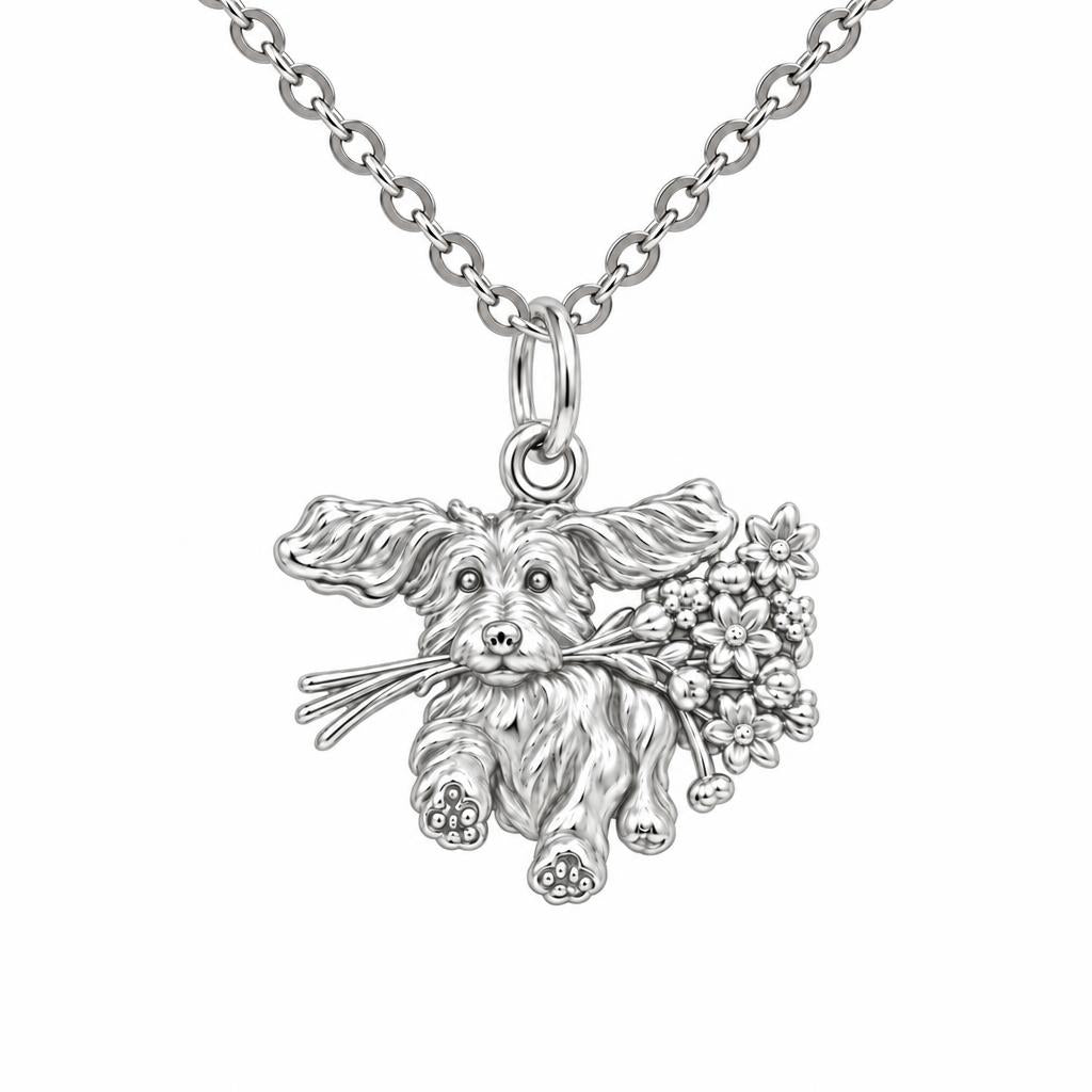 Wildflower Delivery Pup Charm Necklace Set – silver, front view