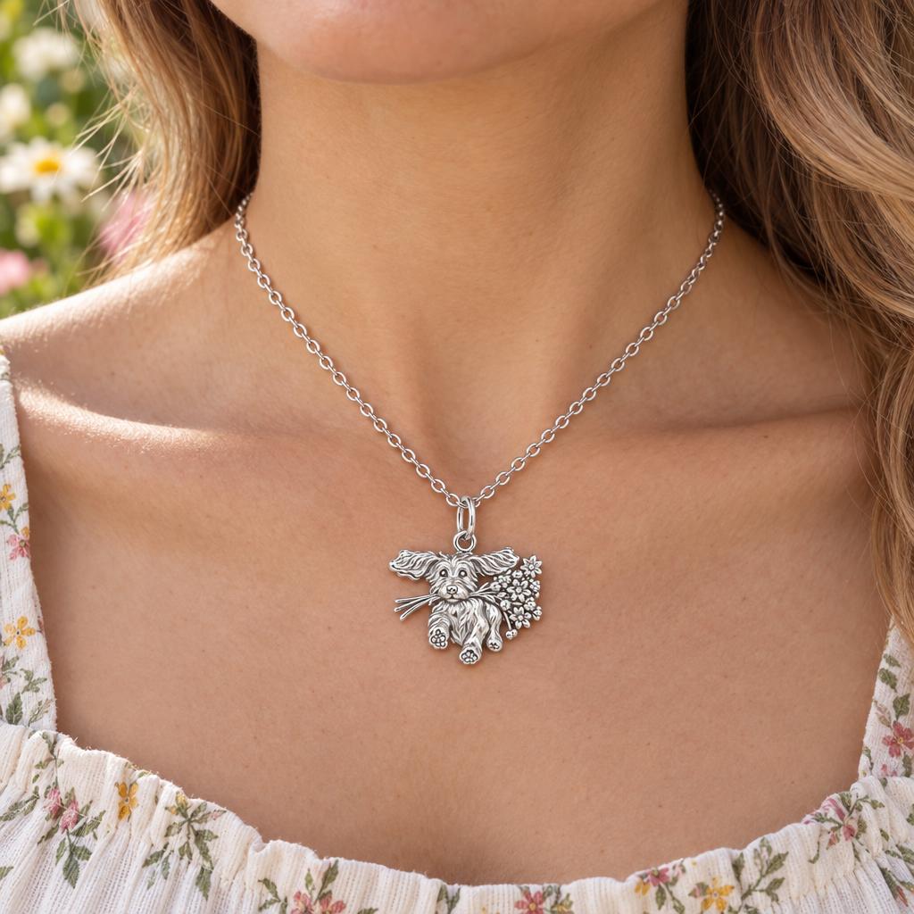 Wildflower Delivery Pup Charm Necklace Set – worn / in use