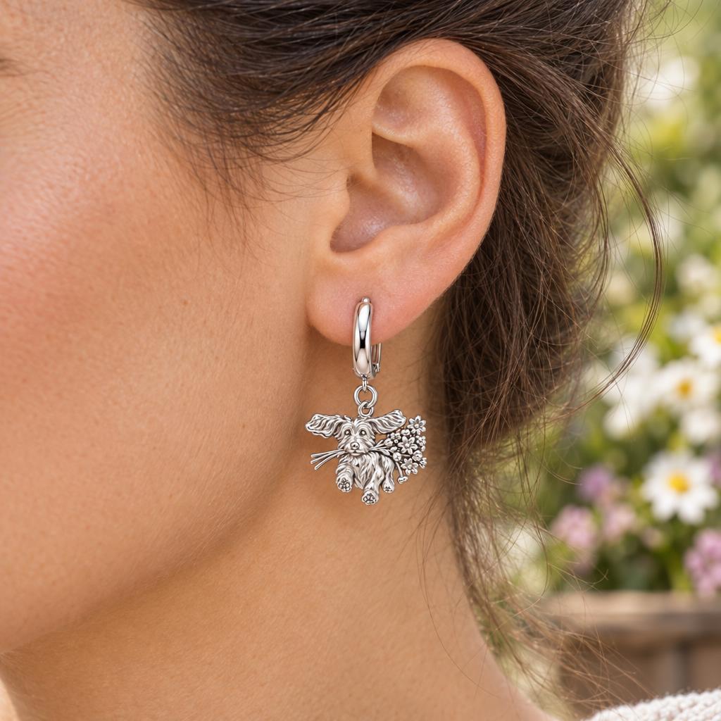 Wildflower Delivery Pup Huggie Charm Earrings – worn / in use