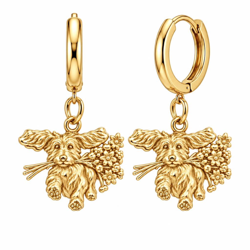 Wildflower Delivery Pup Huggie Charm Earrings – 18K gold, front view