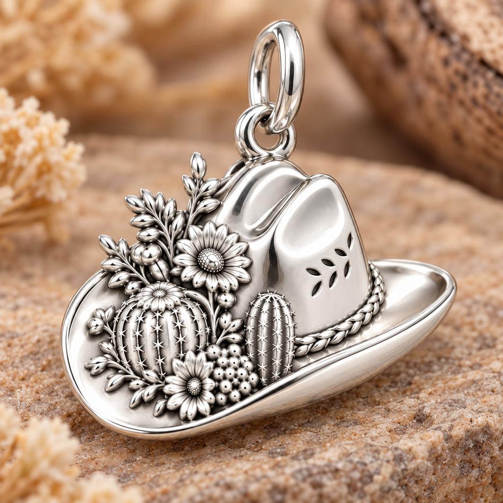 Wildflower Desert Hat Charm Bracelet – Personalized Mom Gift – macro detail of the charm