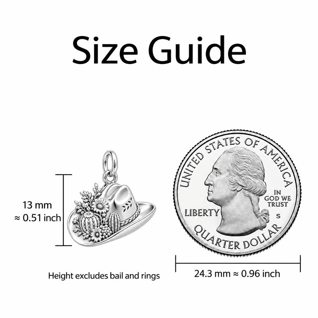 Wildflower Desert Hat Charm Bracelet – Personalized Mom Gift – size guide, 13 mm charm next to a quarter