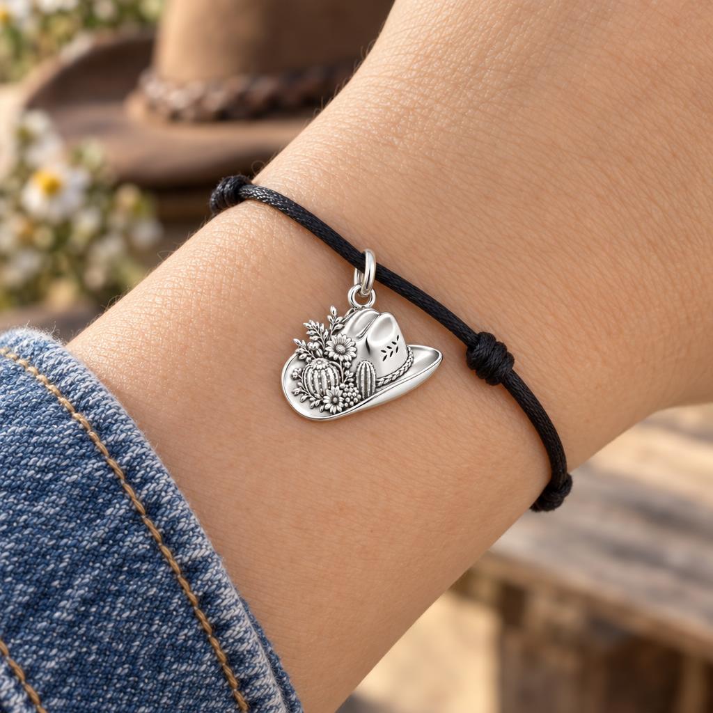 Wildflower Desert Hat Charm Bracelet – Personalized Mom Gift – worn on the wrist on a black cord bracelet