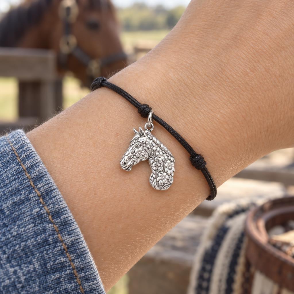 Wildflower Spirit Horse Charm Bracelet – Personalized Horse Lover Gift – worn on the wrist on a black cord bracelet