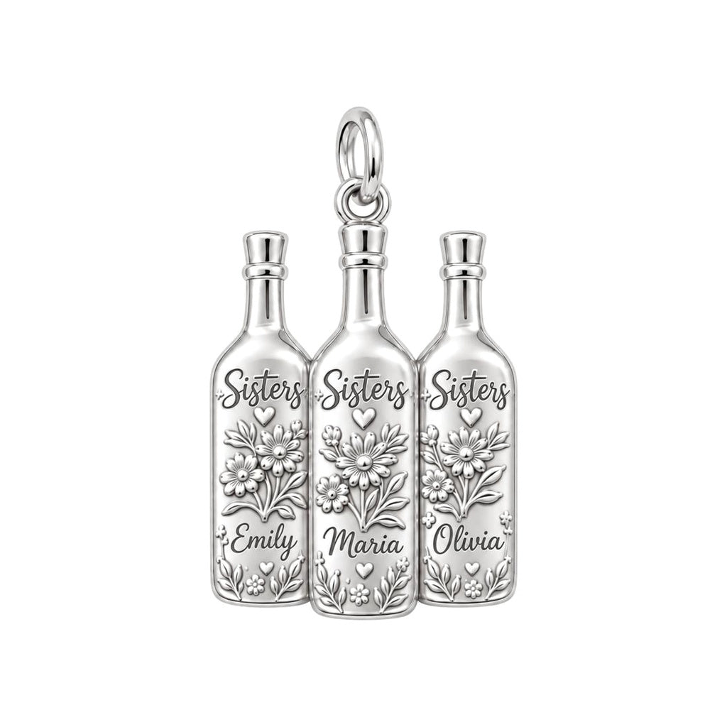 Wildflower Wine Bottles Charm Bracelet – Personalized Sister Gift – silver plated 3 cm charm, front view