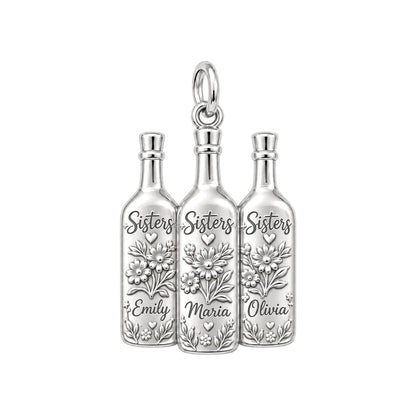 Wildflower Wine Bottles Charm Bracelet – Personalized Sister Gift – silver plated 3 cm charm, front view