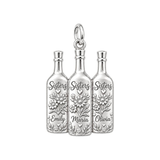 Wildflower Wine Bottles Charm Bracelet – Personalized Sister Gift – silver plated 3 cm charm, front view