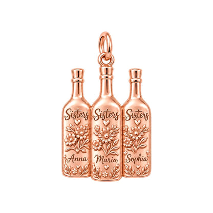 Wildflower Wine Bottles Charm Bracelet – Personalized Sister Gift – rose gold 3 cm charm, front view