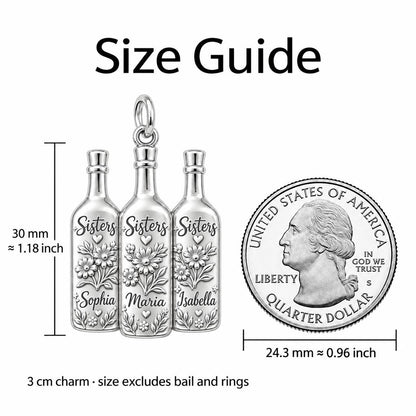 Wildflower Wine Bottles Charm Bracelet – Personalized Sister Gift – size guide, 3 cm charm next to a quarter