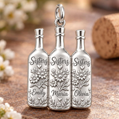 Wildflower Wine Bottles Charm Bracelet – Personalized Sister Gift – macro detail of the charm