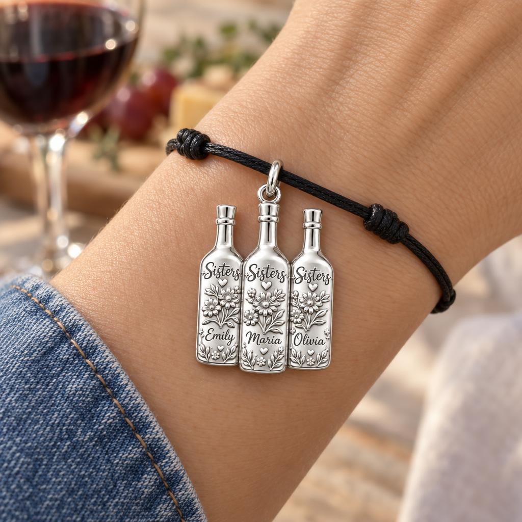 Wildflower Wine Bottles Charm Bracelet – Personalized Sister Gift – worn on the wrist on a black cord bracelet