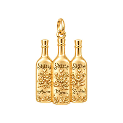 Wildflower Wine Bottles Charm Bracelet – Personalized Sister Gift – 18K gold plated 3 cm charm, front view