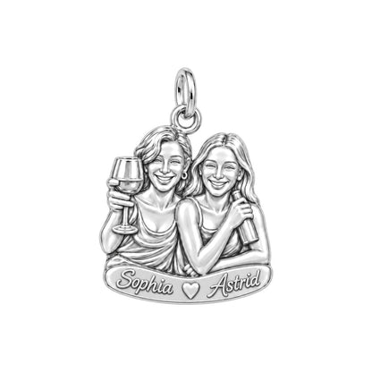 Wine Night Besties Charm Bracelet – Personalized Friend Gift – silver plated 3 cm charm, front view
