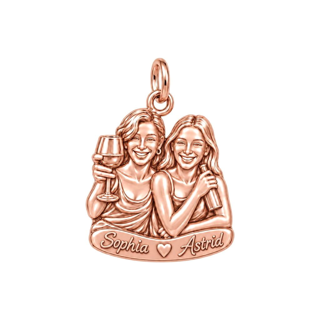 Wine Night Besties Charm Bracelet – Personalized Friend Gift – rose gold 3 cm charm, front view