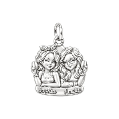 Wine Night Besties Charm Bracelet – Personalized Friend Gift – silver plated 2 cm charm, front view