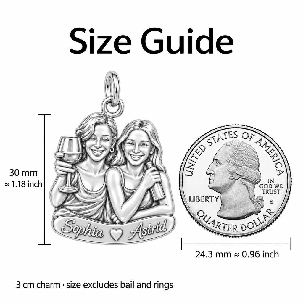 Wine Night Besties Charm Bracelet – Personalized Friend Gift – size guide, 3 cm charm next to a quarter