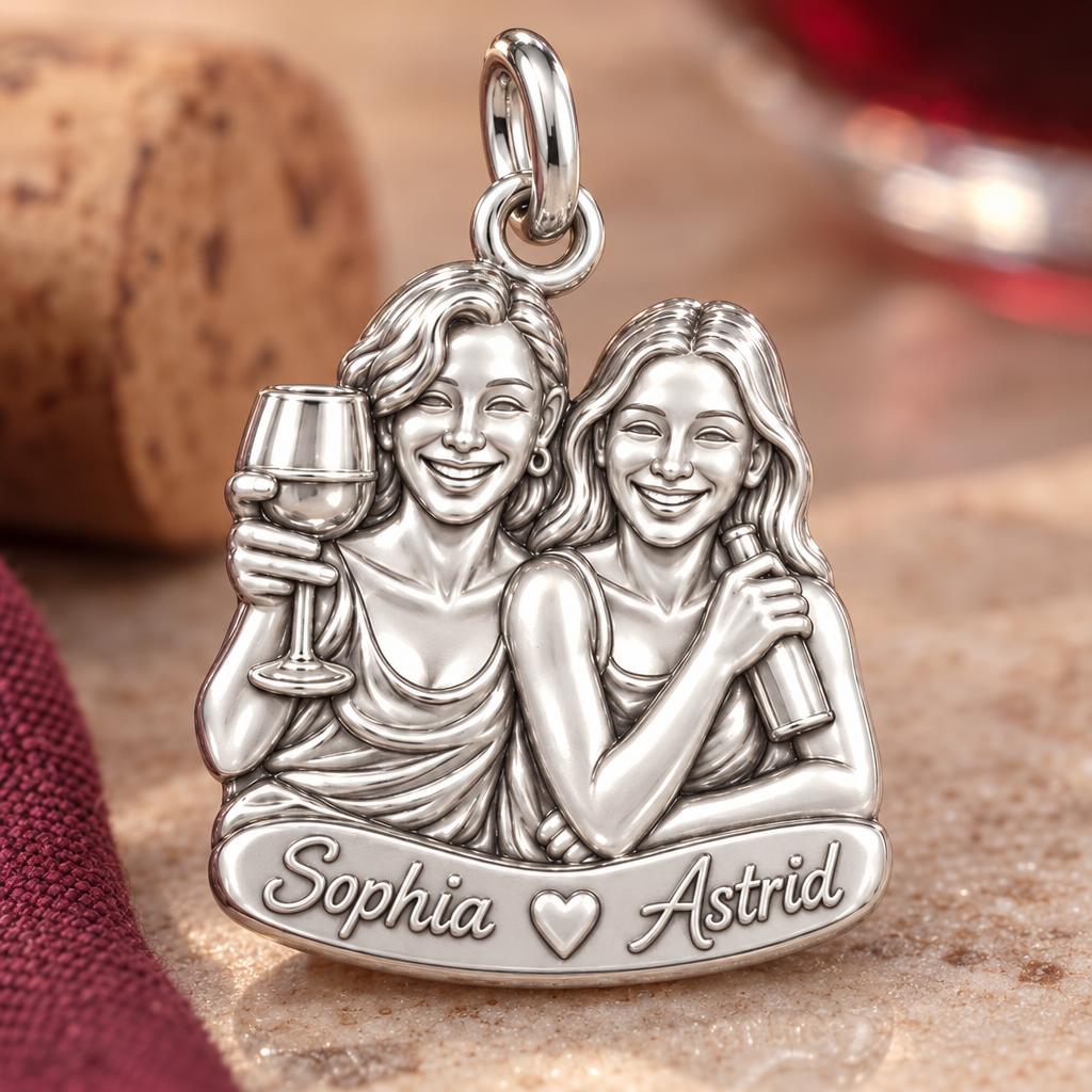Wine Night Besties Charm Bracelet – Personalized Friend Gift – macro detail of the charm
