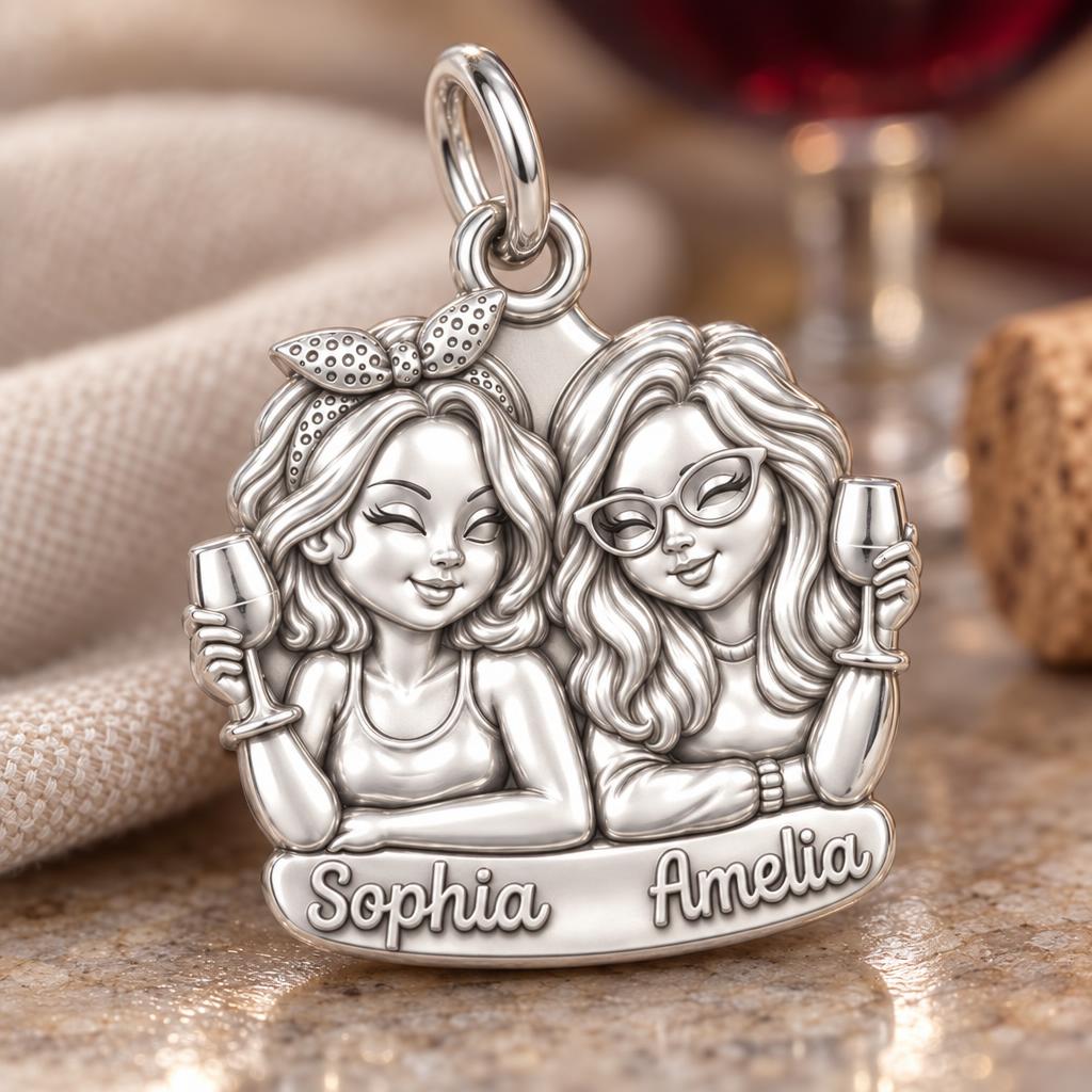 Wine Night Besties Charm Bracelet – Personalized Friend Gift – macro detail of the charm