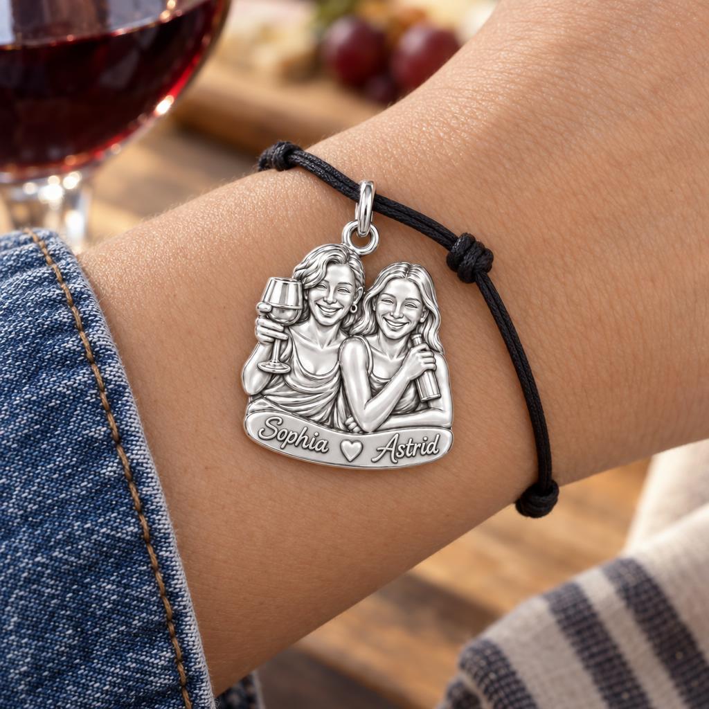 Wine Night Besties Charm Bracelet – Personalized Friend Gift – worn on the wrist on a black cord bracelet