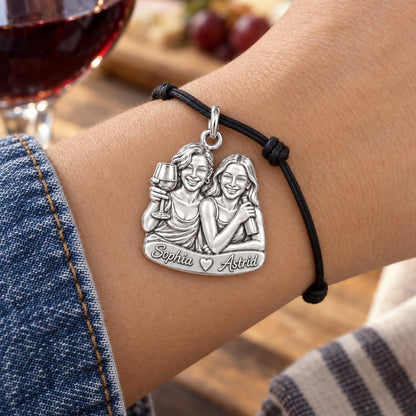Wine Night Besties Charm Bracelet – Personalized Friend Gift – worn on the wrist on a black cord bracelet