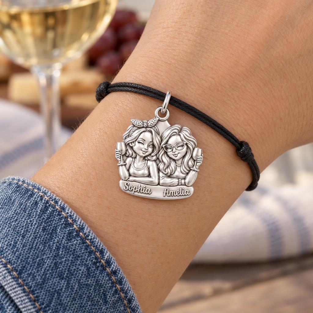 Wine Night Besties Charm Bracelet – Personalized Friend Gift – worn on the wrist on a black cord bracelet