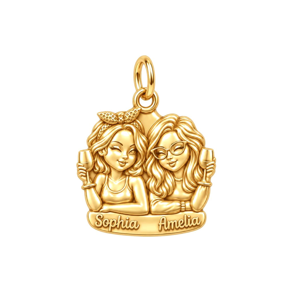Wine Night Besties Charm Bracelet – Personalized Friend Gift – 18K gold plated 2 cm charm, front view