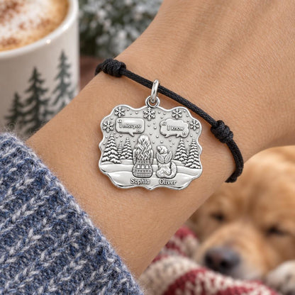 Winter Angel Pet Memorial Charm Bracelet – Personalized Mom Gift – worn on the wrist on a black cord bracelet