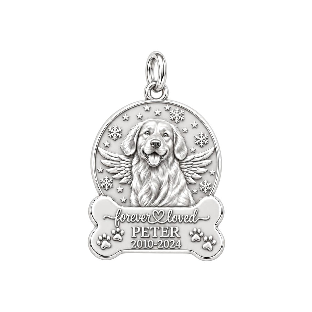 Winter Angel Wings Charm Bracelet – Personalized Dog Mom Gift – silver plated 2 cm charm, front view