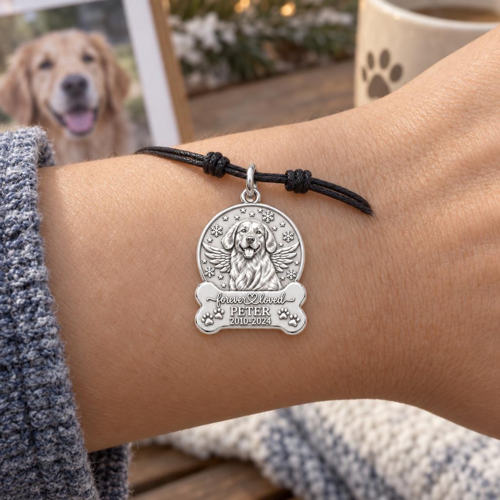 Winter Angel Wings Charm Bracelet – Personalized Dog Mom Gift – worn on the wrist on a black cord bracelet