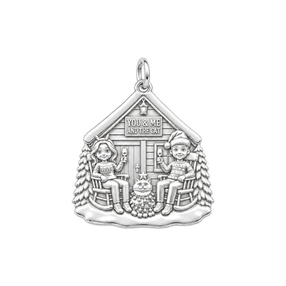 Winter Cabin Cats and Cocoa Charm and Polyester Cord Bracelet Set – silver plated 3 cm charm, front view