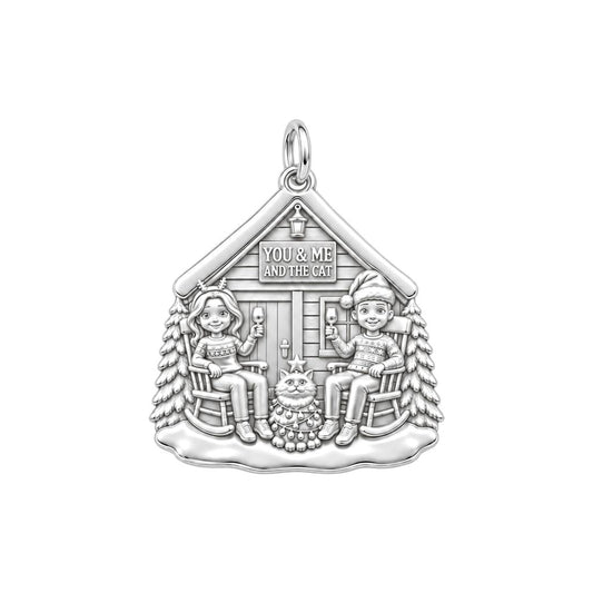 Winter Cabin Cats and Cocoa Charm and Polyester Cord Bracelet Set – silver plated 3 cm charm, front view