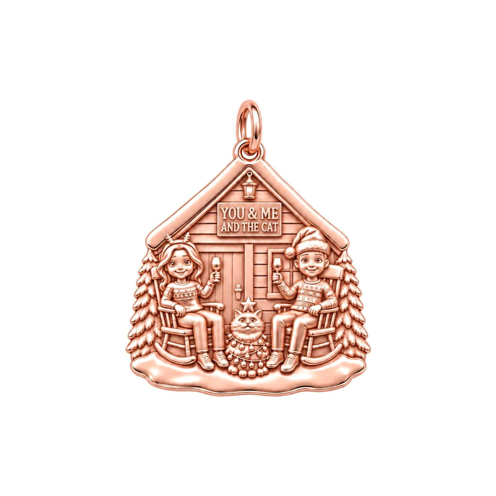 Winter Cabin Cats and Cocoa Charm and Polyester Cord Bracelet Set – rose gold 3 cm charm, front view