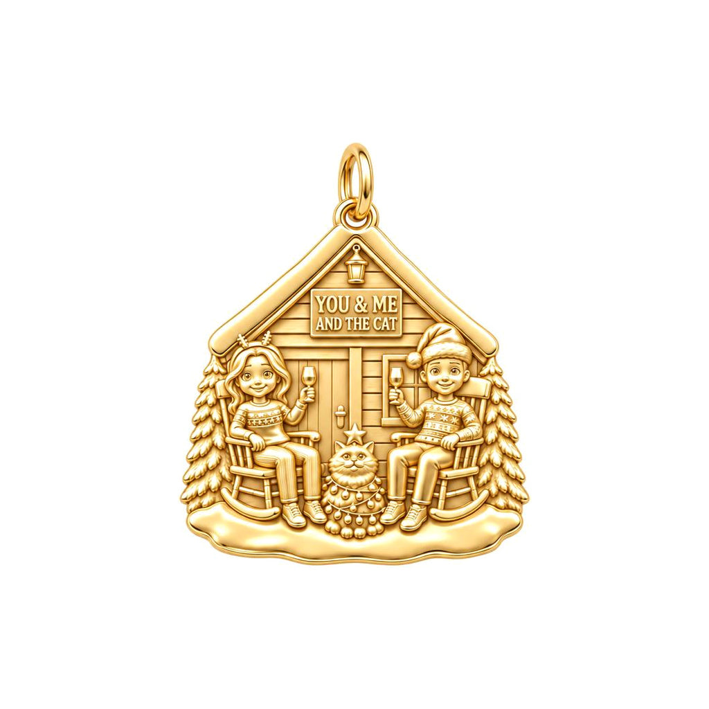 Winter Cabin Cats and Cocoa Charm and Polyester Cord Bracelet Set – 18K gold plated 3 cm charm, front view