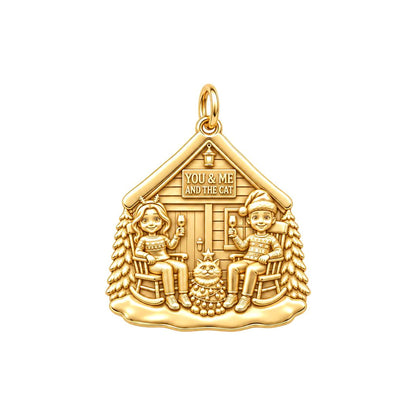 Winter Cabin Cats and Cocoa Charm and Polyester Cord Bracelet Set – 18K gold plated 3 cm charm, front view