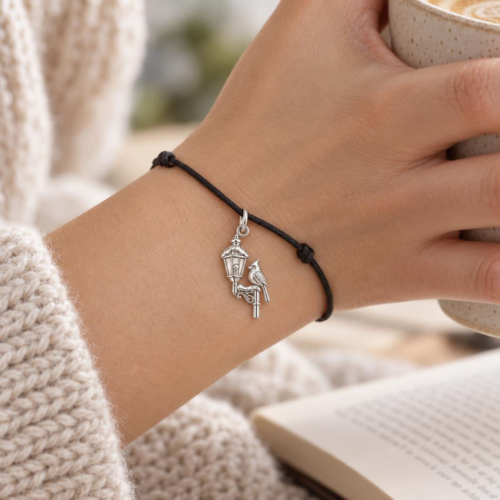 Winter Cardinal Lamp Post Charm and Polyester Cord Bracelet Set