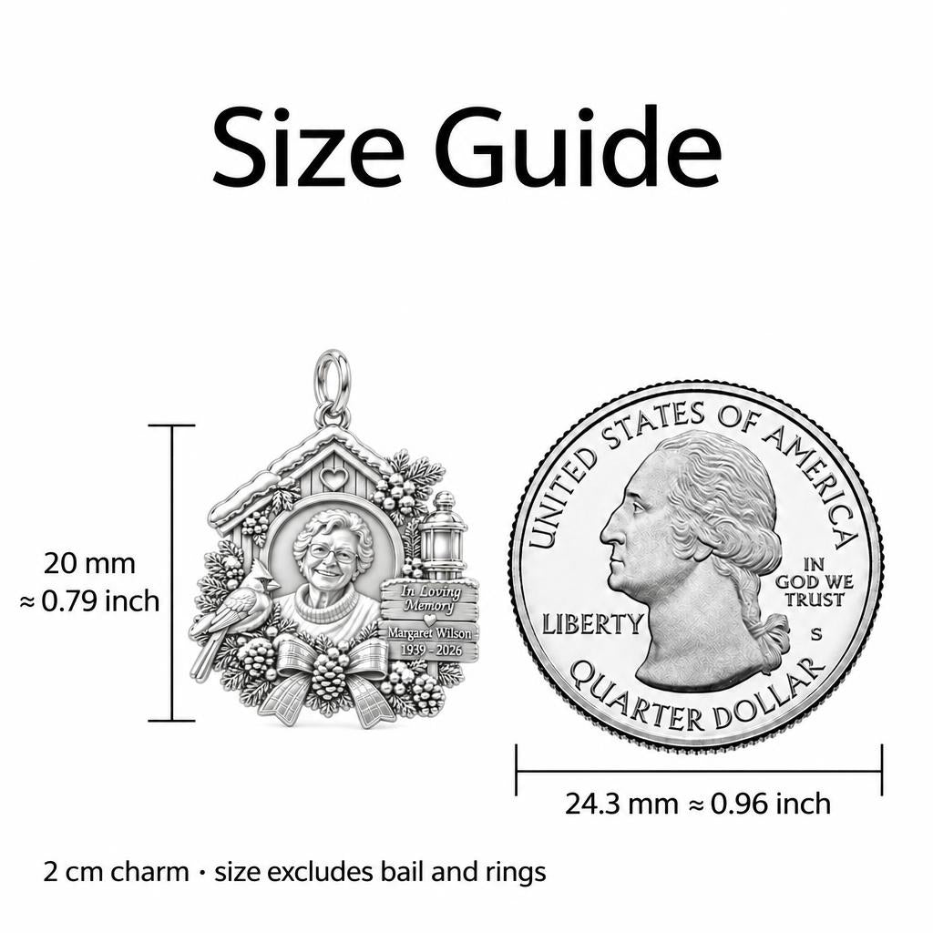 Winter Cardinal Memorial Charm Bracelet – Personalized Remembrance – size guide, 2 cm charm next to a quarter