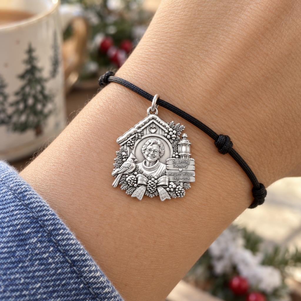 Winter Cardinal Memorial Charm Bracelet – Personalized Remembrance – worn on the wrist on a black cord bracelet