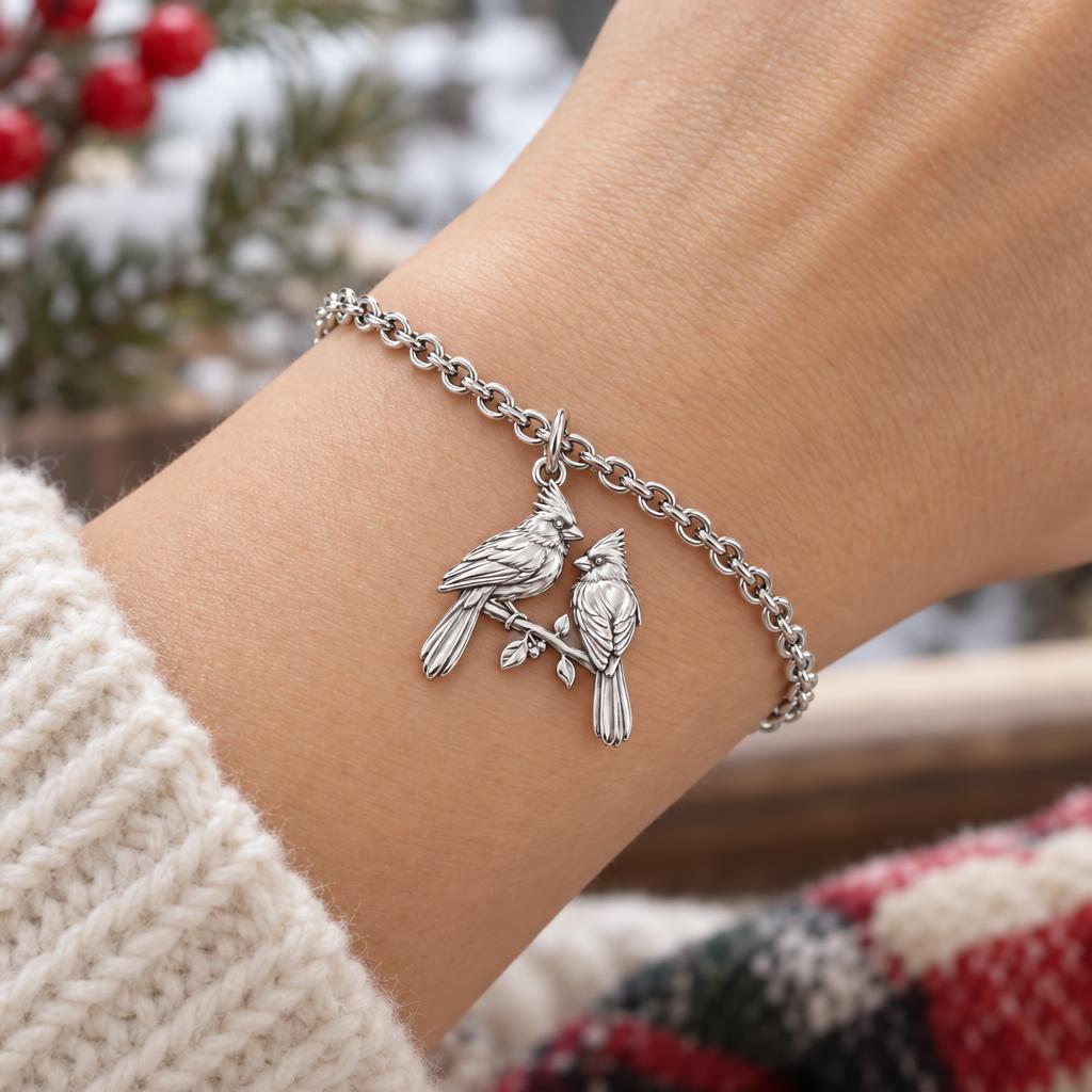 Winter Cardinal Pair Charm Bracelet Set – worn / in use